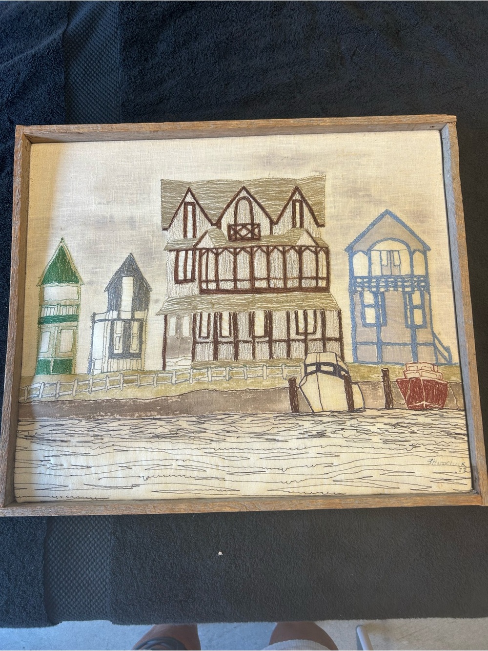 Vintage 1977 Hand Made One of A Kind Embroidered Fabric Framed Textile Art Piece